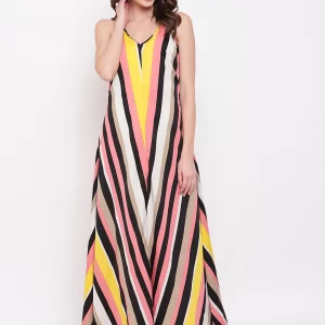 Women Pink Candy Striped Maxi Dress